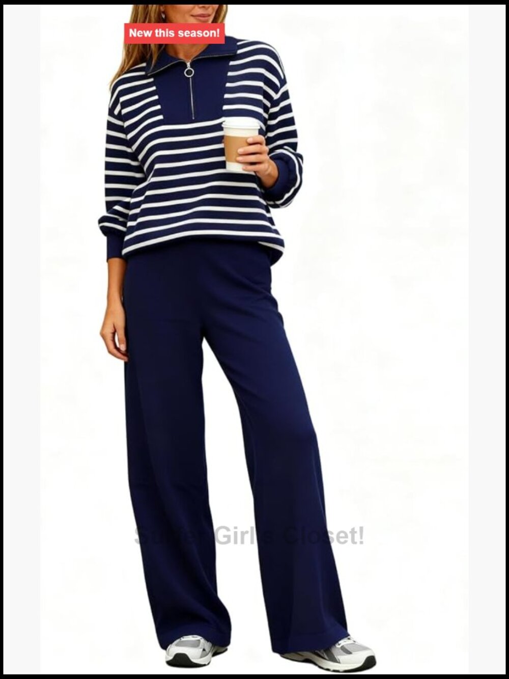 Cozy 2 Piece Lounge Set Wide Leg Pants Half Zip Knit Women's Travel Outfit